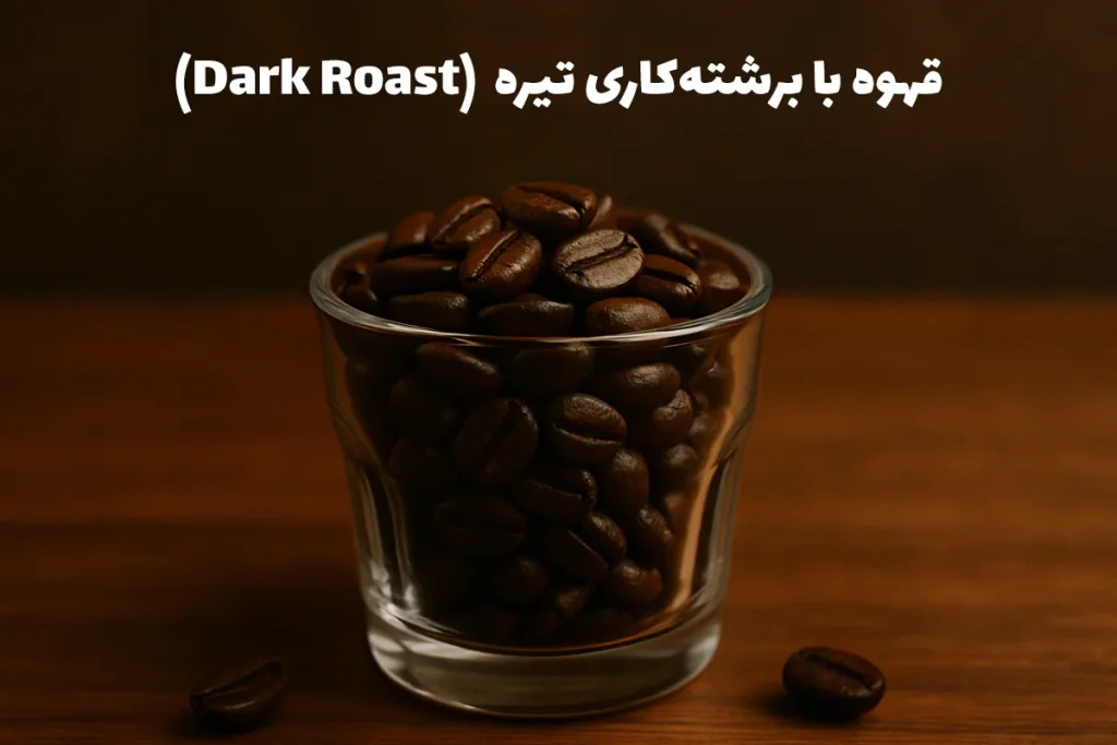 دانه‌های قهوه‌ی برشته‌شده‌ی تیره (Dark Roast)، بیشتر از همه‌ی سطوح برشته‌کاری زمان می‌برند و تقریباً همیشه تا بعد از ترکیدن دوم ادامه می‌یابند. نتیجه‌ی این فرآیند، دانه‌هایی روغنی با اسیدیته‌ی پایین و طعم‌های تیره و عمیق است.
